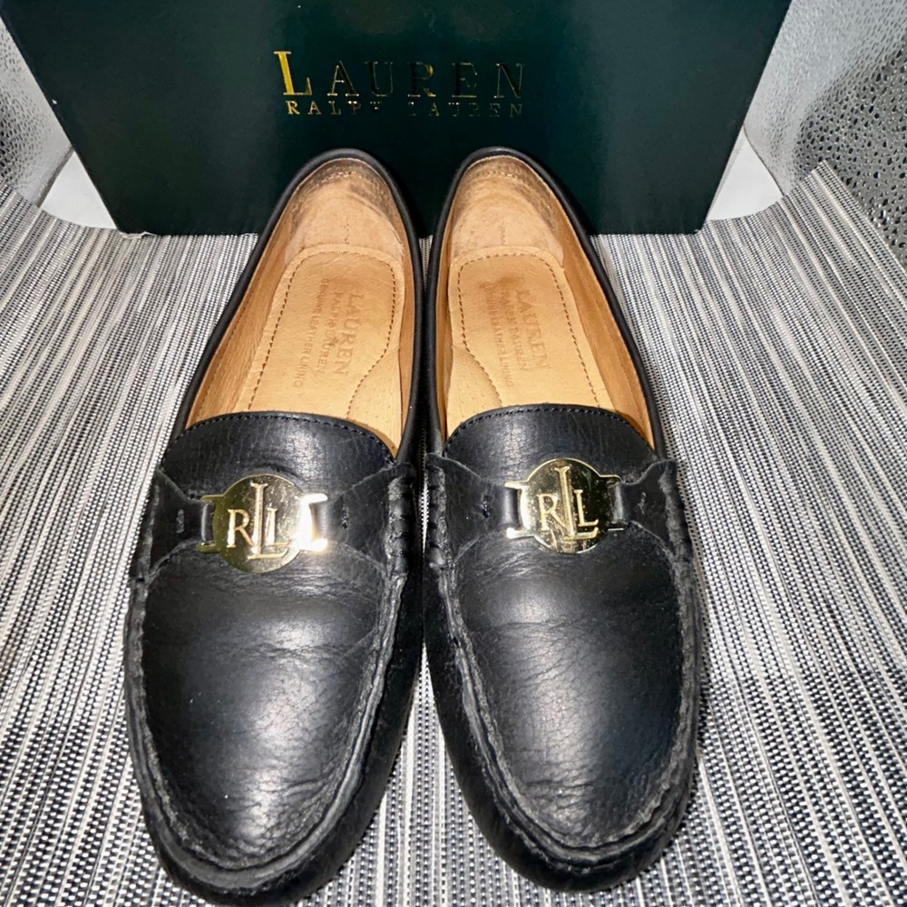 Lauren Ralph Lauren Carley Black Leather Driving Loafers Gold RLL Logo 6B